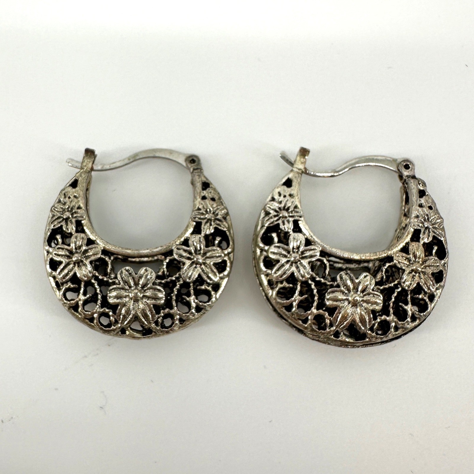 Silver Floral Filigree Crescent Hoop Earrings Boho Vintage Style Latch Back