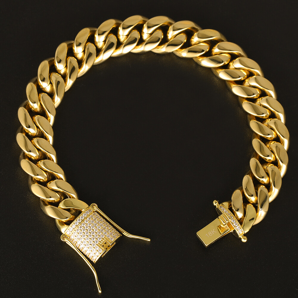 14k Gold Plated Stainless Steel Miami Cuban Link Bracelet Or Chain with CZ Clasp