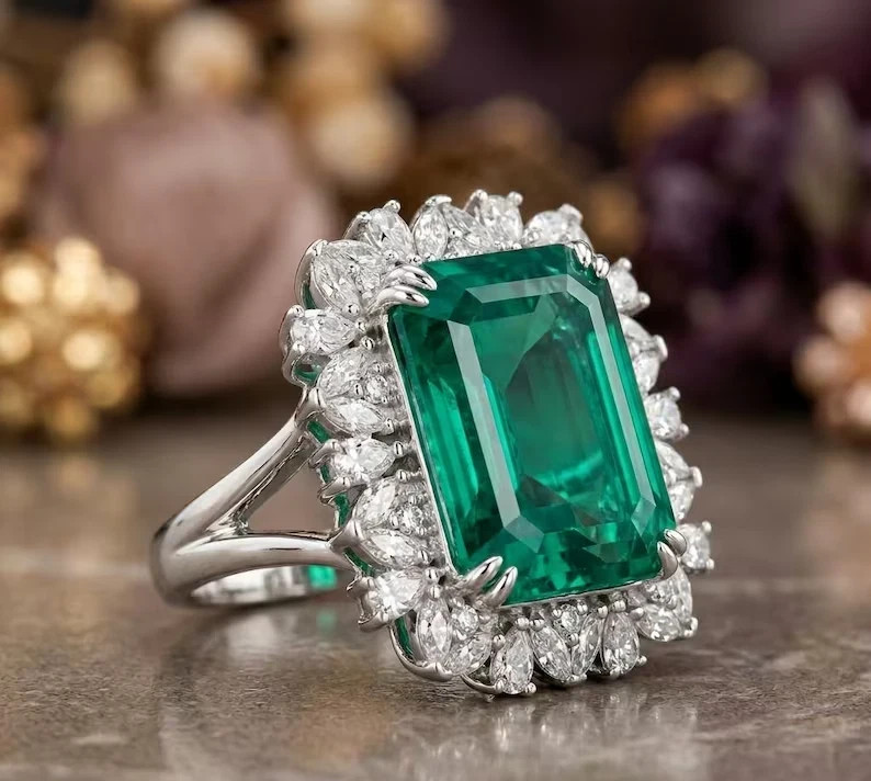 Luxury 5.80 Ct Emerald Cut Green Emerald Wedding Ring Diamonds 14K White Gold