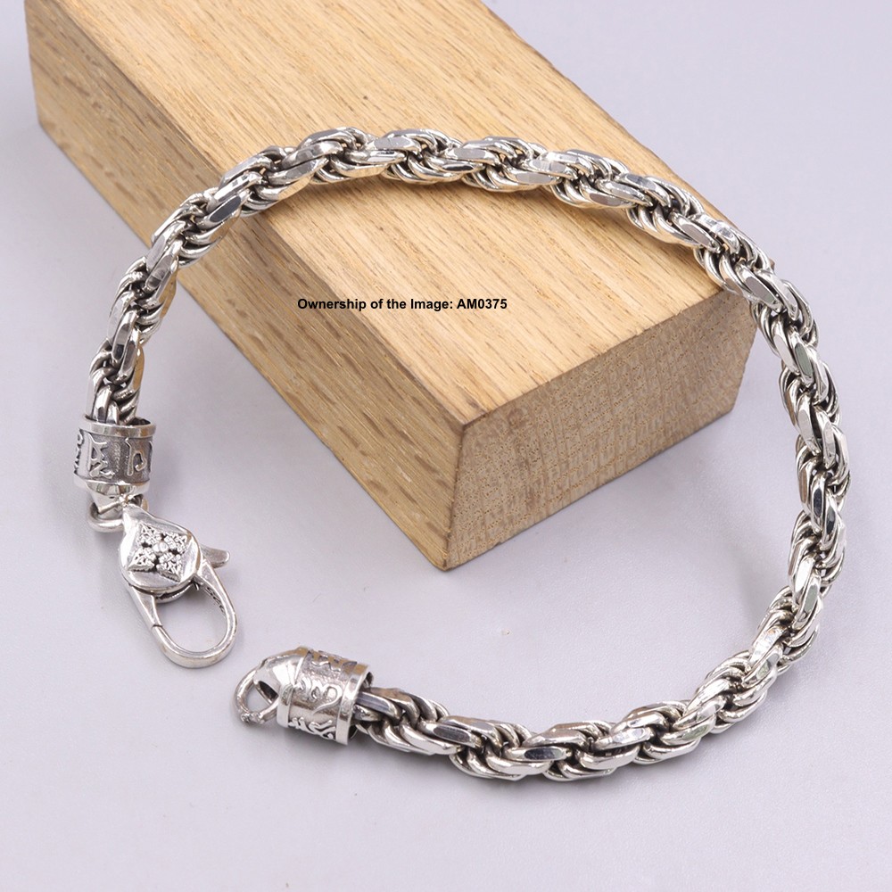Real S925 Sterling Silver Men’s Bracelet 4mm Rope Link Chain 8.26inch 24-26g