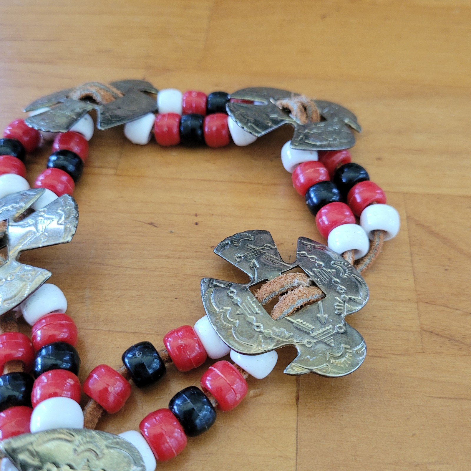Tribal Southwestern Multi Strand Bracelet Red Black White Beads Bird Plaques 40g