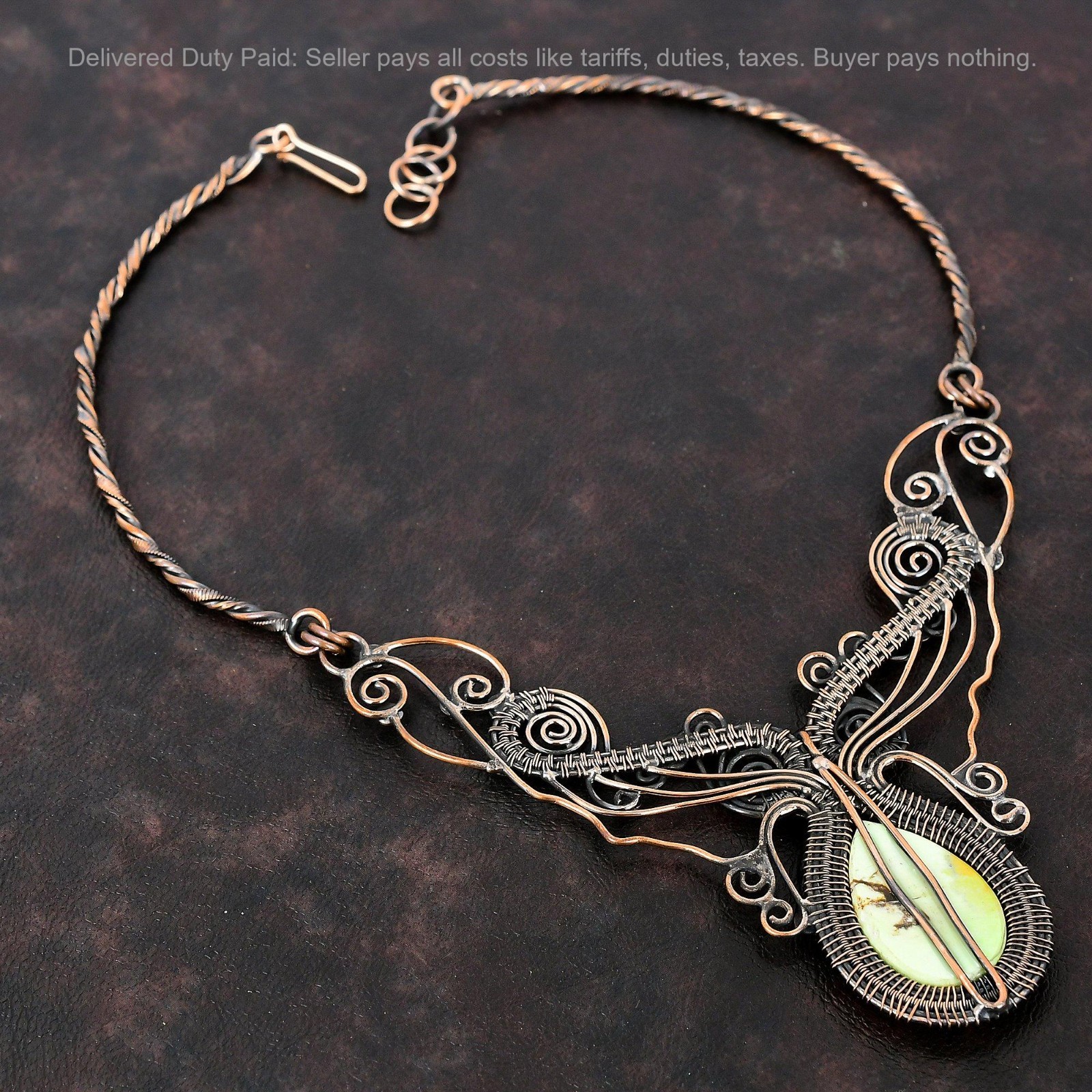 Copper Lemon Chrysoprase Gemstone Chain Wire Wrapped Flower New Necklace Jewelry