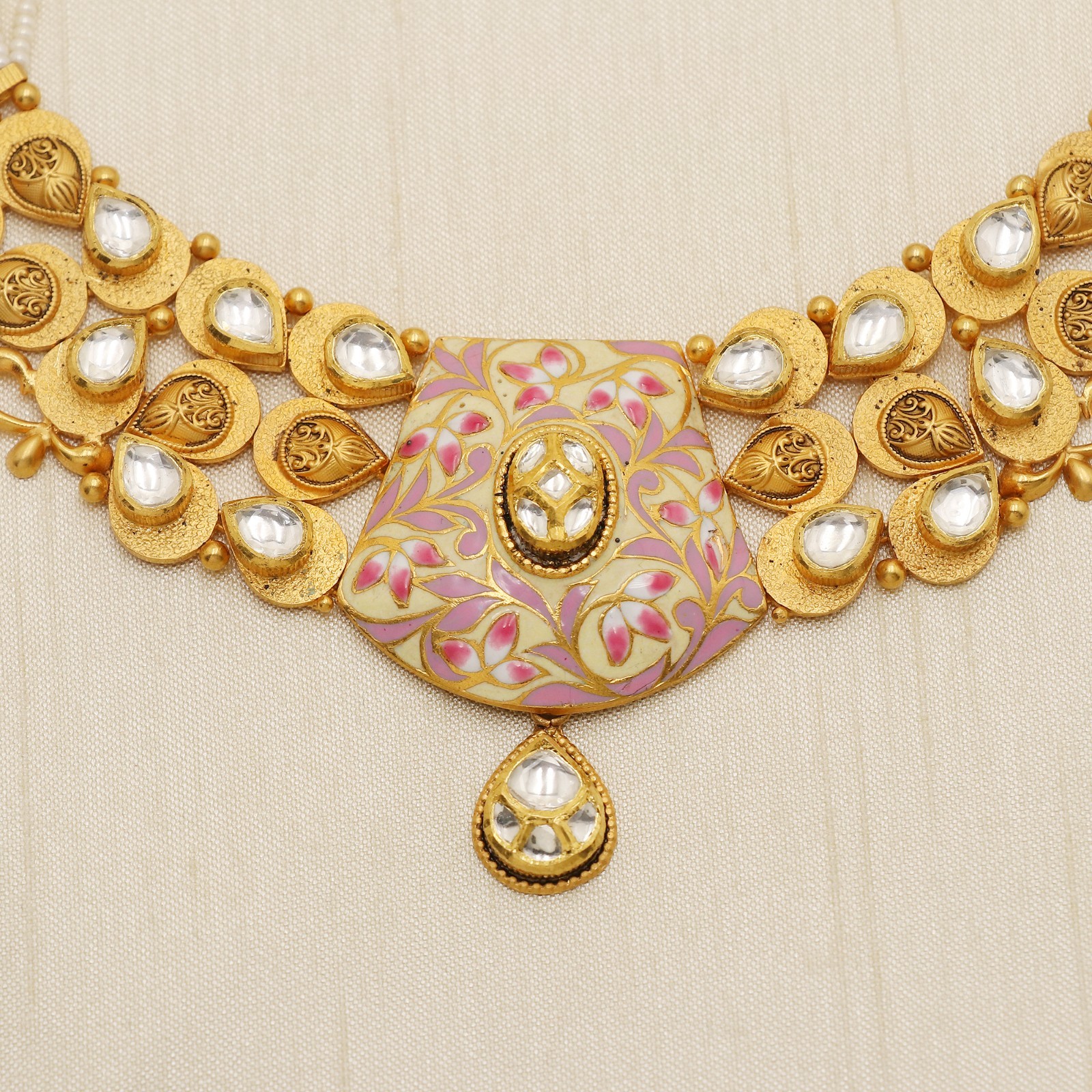 22K Yellow Gold Kundan Enamel Necklace Earrings Set Pearl Beads 25.11g
