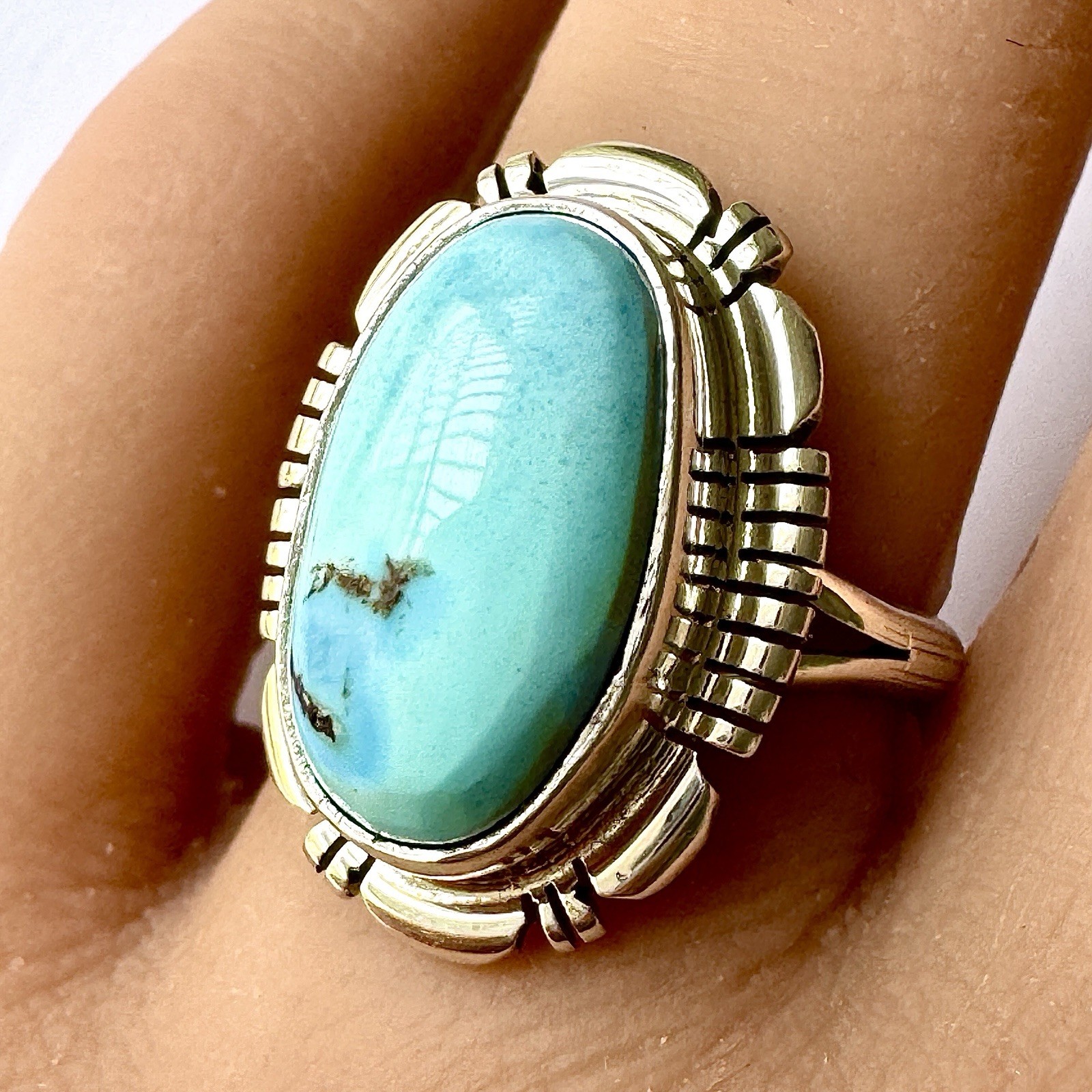Navajo Blue Golden Hills Turquoise Ring Sz 7 Sterling Norvin Johnson Shine