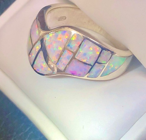 Sunset Glow -ing Pinkish Opal Lady’s ring 8 Sterling VIDEO Wide Band Wrap Inlaid