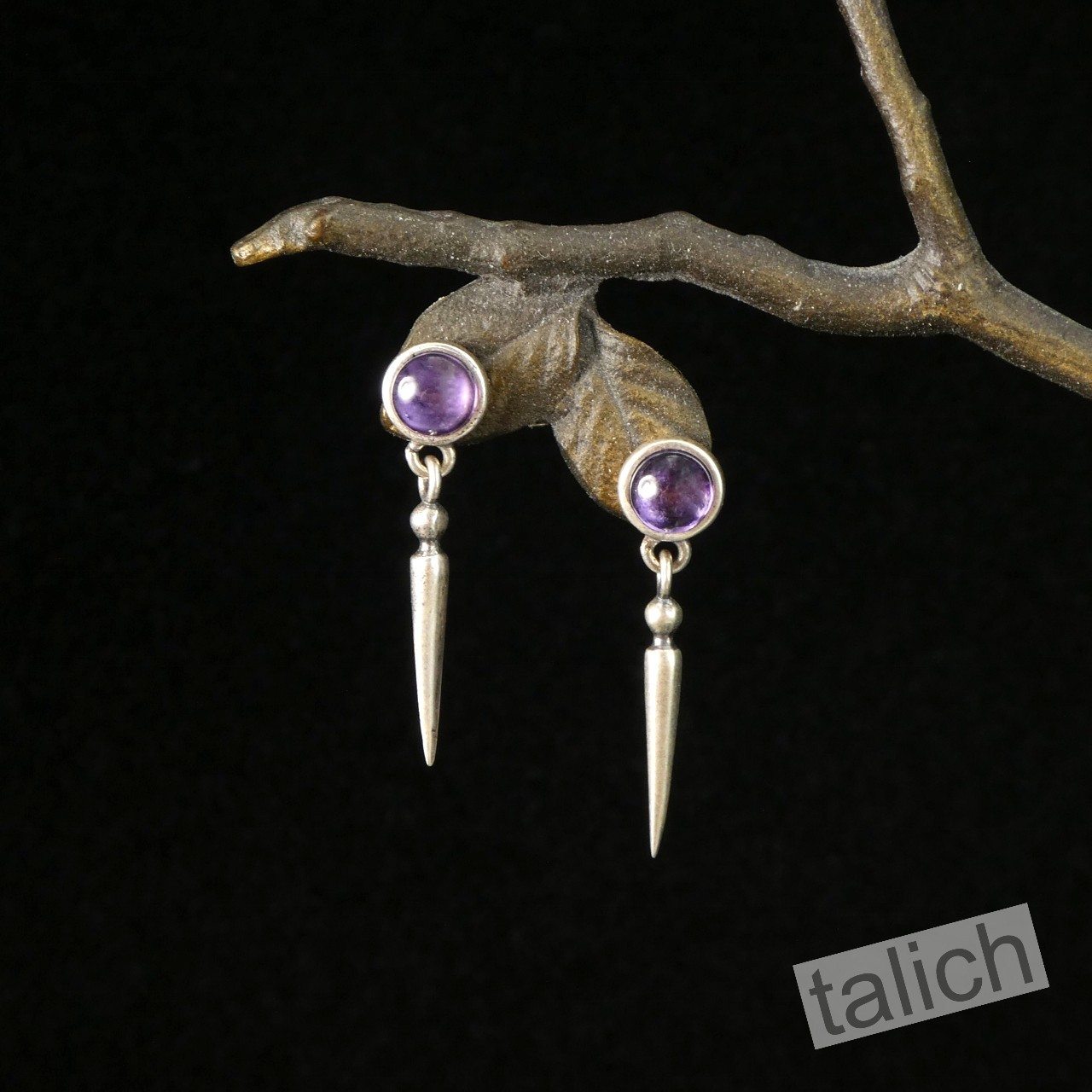 925 Sterling Silver Small Amethyst Stud Earrings with Spike Drop Minimal Unique