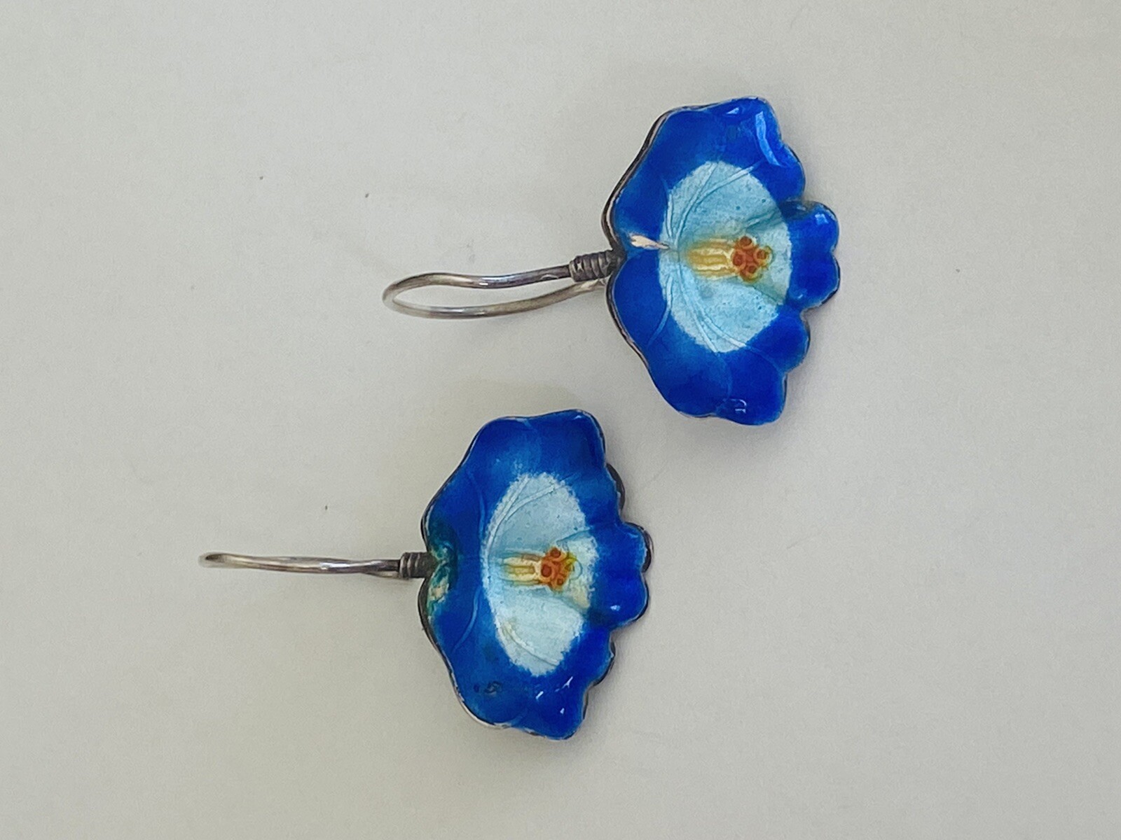 Antique Vintage Chinese Export Sterling Silver Blue Enamel Dangle Earrings