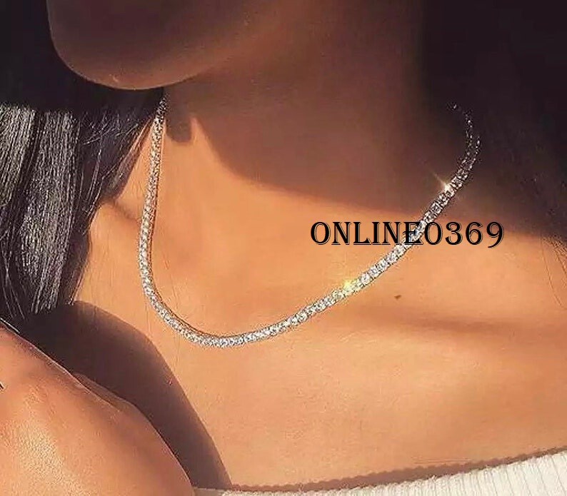 Unisex Classic 4mm Tennis Necklace from 16″ to 24″ With Free Stud Earrings Gift