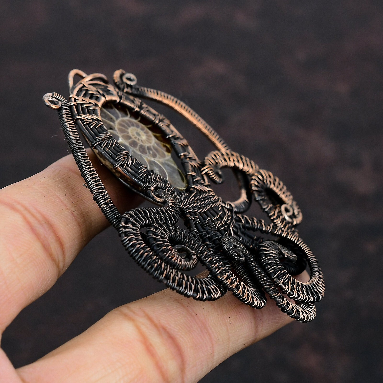 Ammonite Fossil Copper Bestie Gift Wire Wrapped Octopus Pendant 3.23″