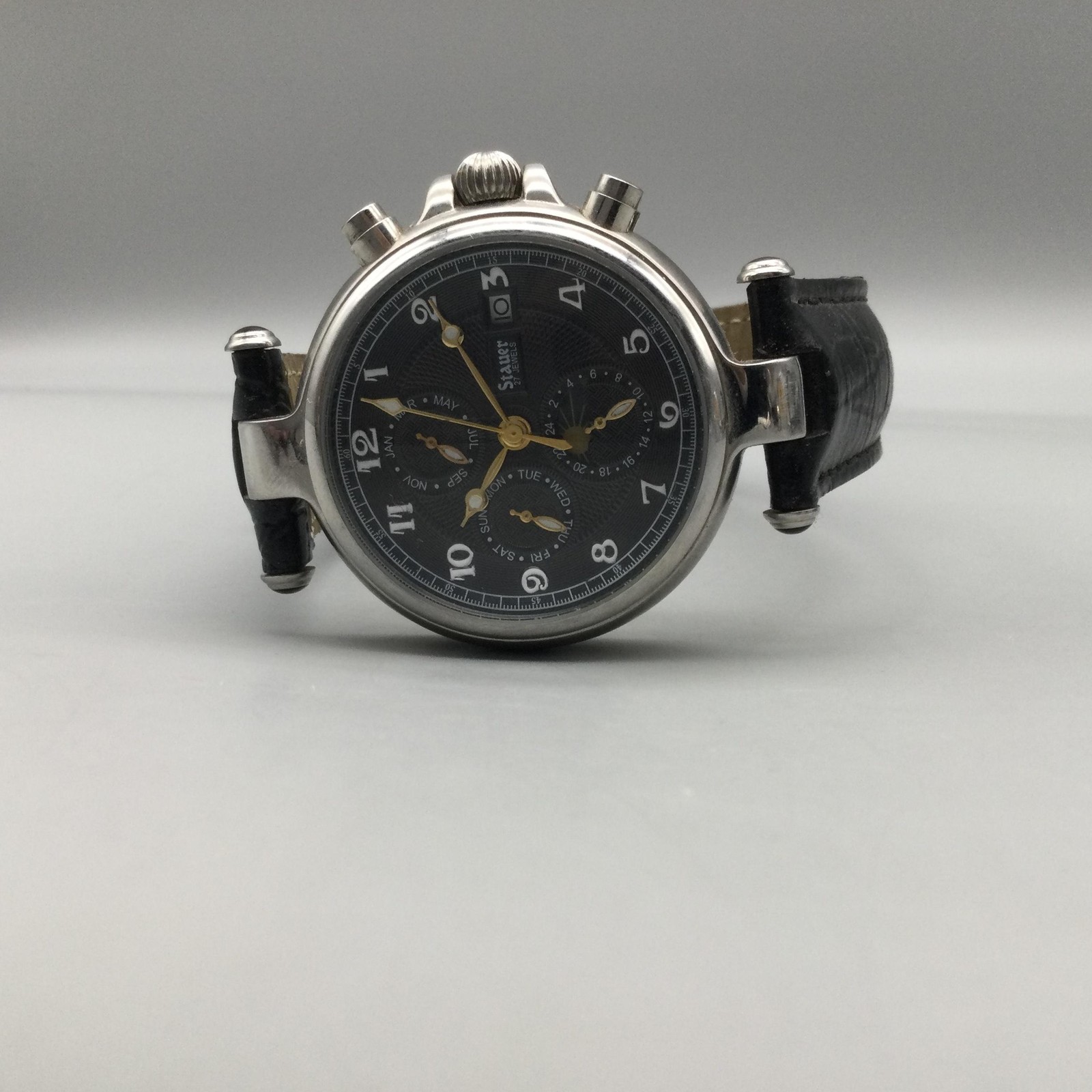 Stauer 27 Jewels Mens Watch 37mm Noire Moon Phase Day Date Month Automatic