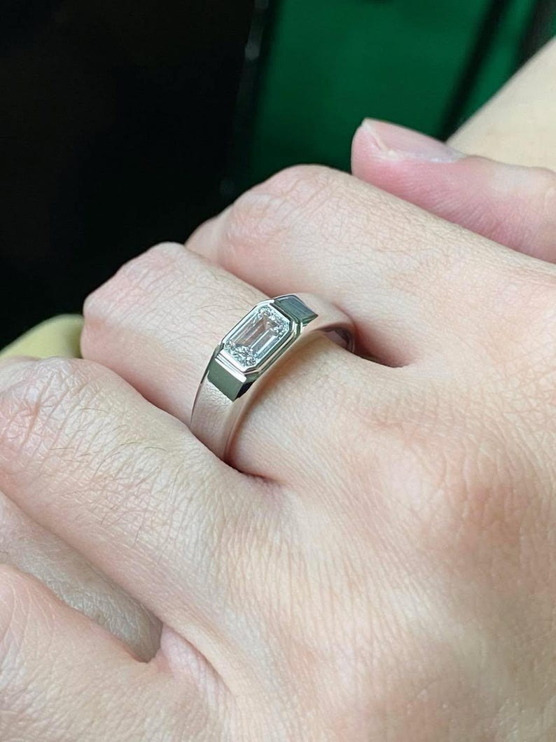 1.0 CT Emerald Cut Moissanite Solitaire 14K Gold Signet Engagement Ring