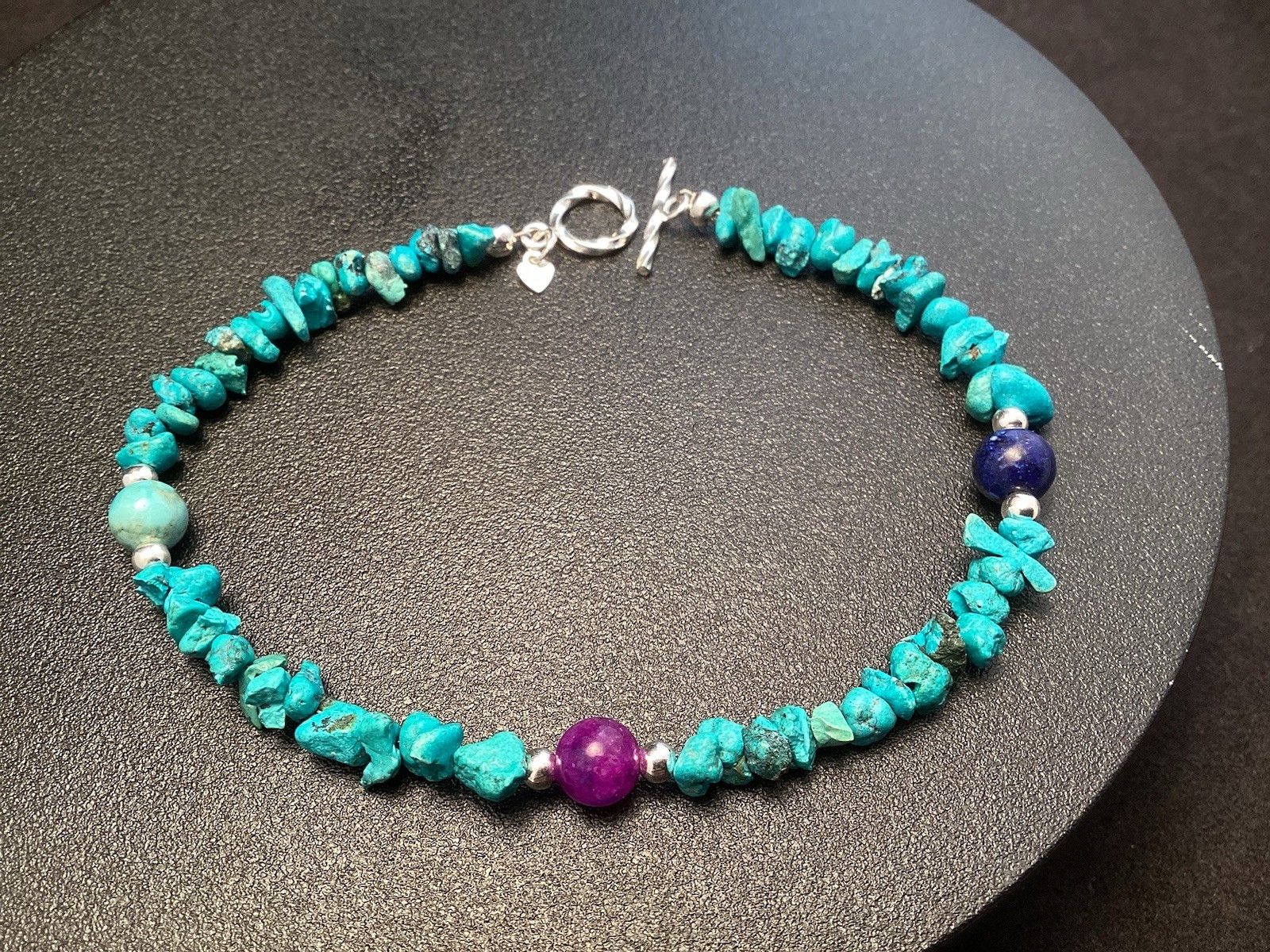 Sterling Silver 8” Turquoise Chip Bracelet With 6mm Lapis Sugilite & Turquoise