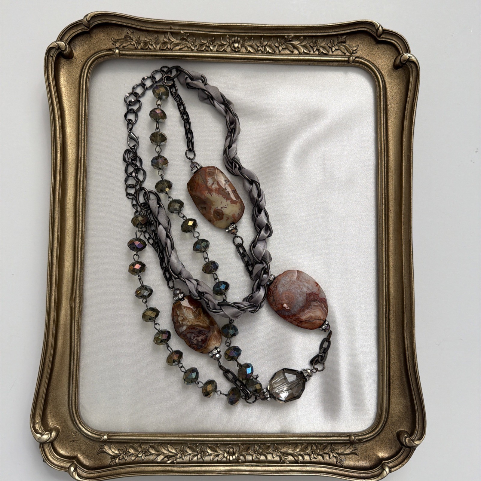 Vintage Cookie Lee Multi Strand Statement Necklace Agate Crystal Gunmetal Gray