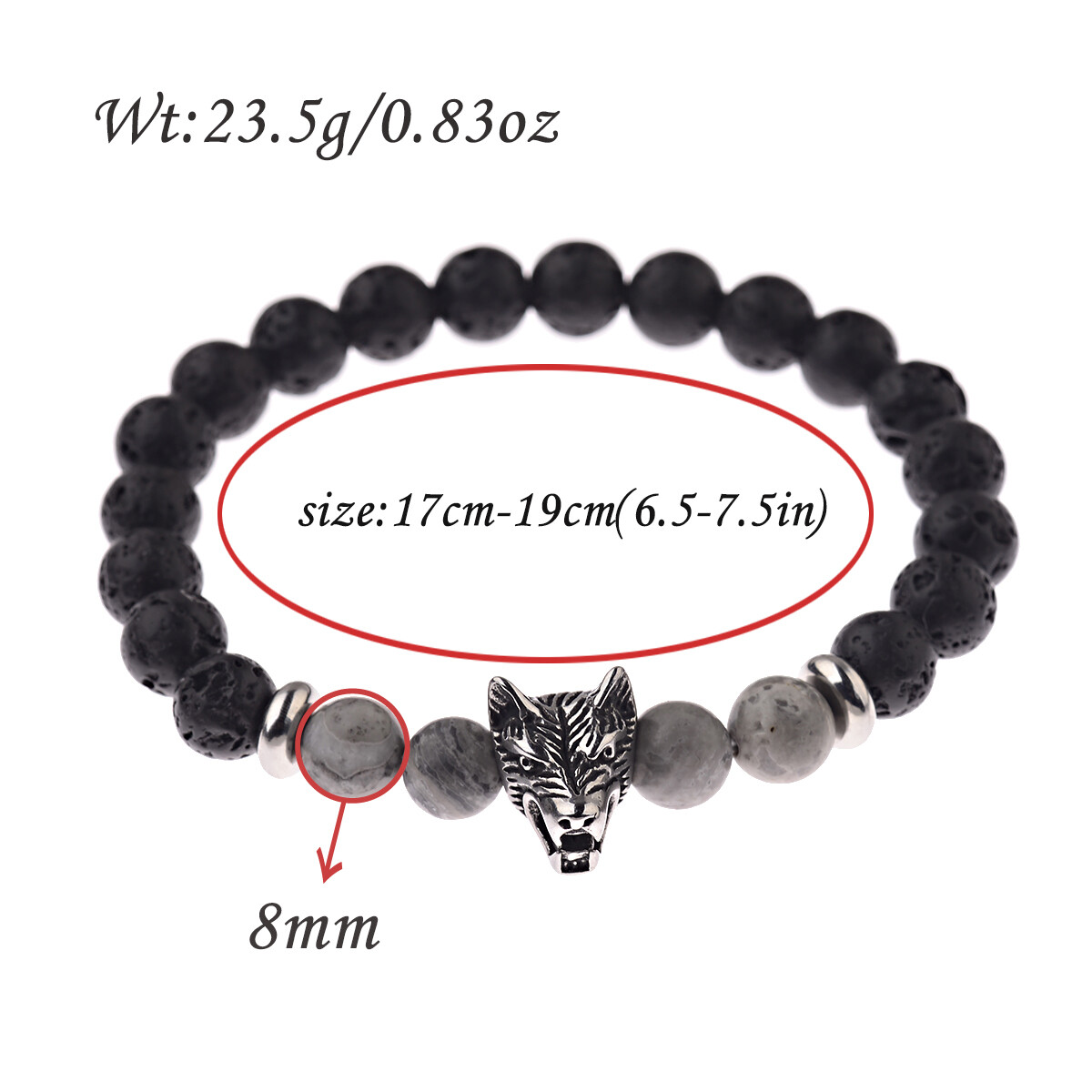 2Pcs Punk Men’s 8mm Lava Rock Diffused Stone Wolf Head Charm Bracelets Bangle