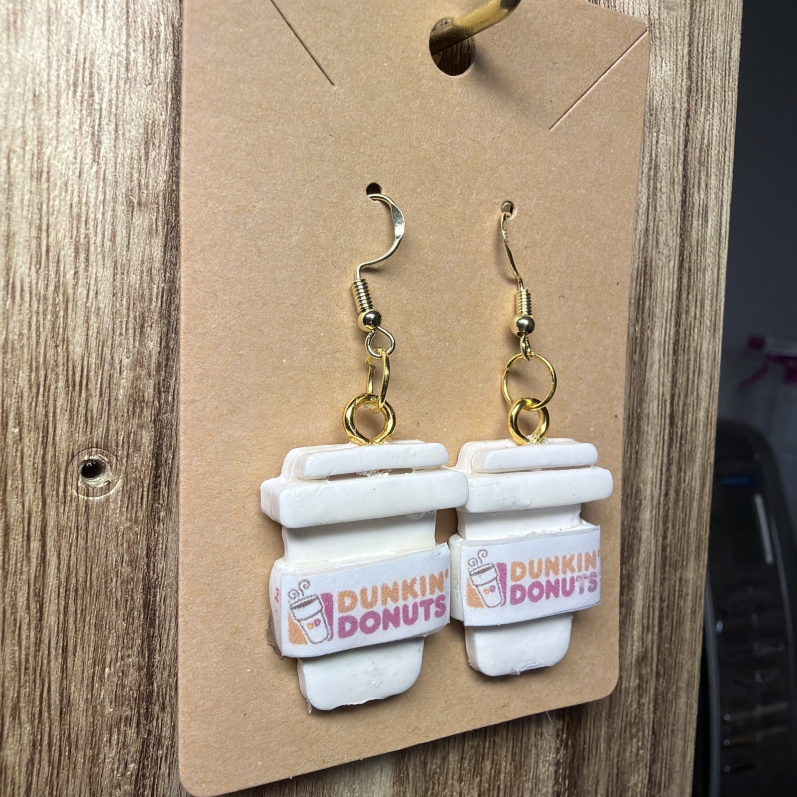 Suzie’s Whimsy Handcrafted Polymer Clay Earrings Coffee Brand Pink/orange Print