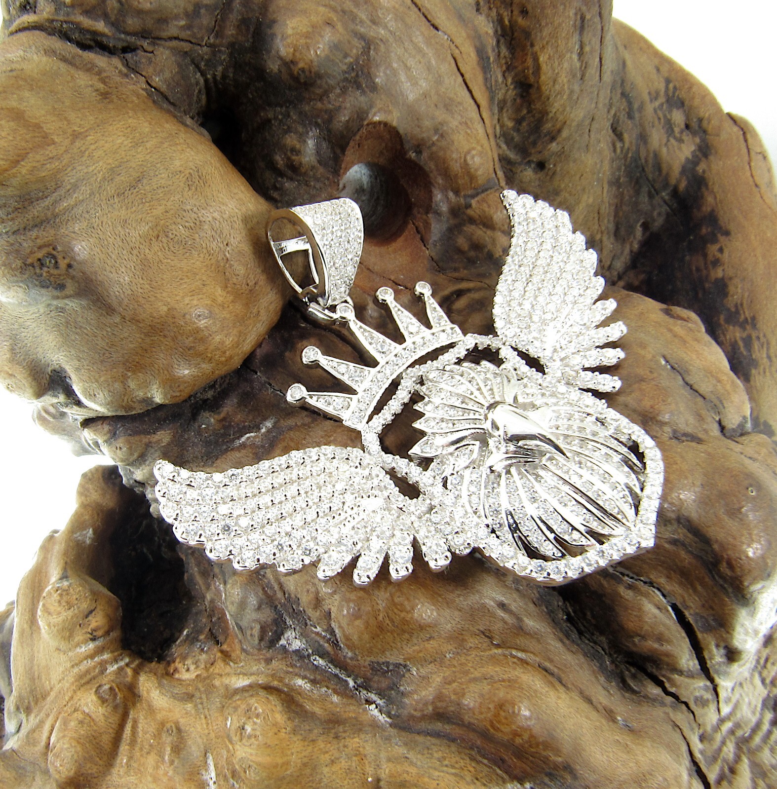 Solid 925 Sterling Silver Iced Out Rhodium Plated Crowned Eagle Pendant w/CZs
