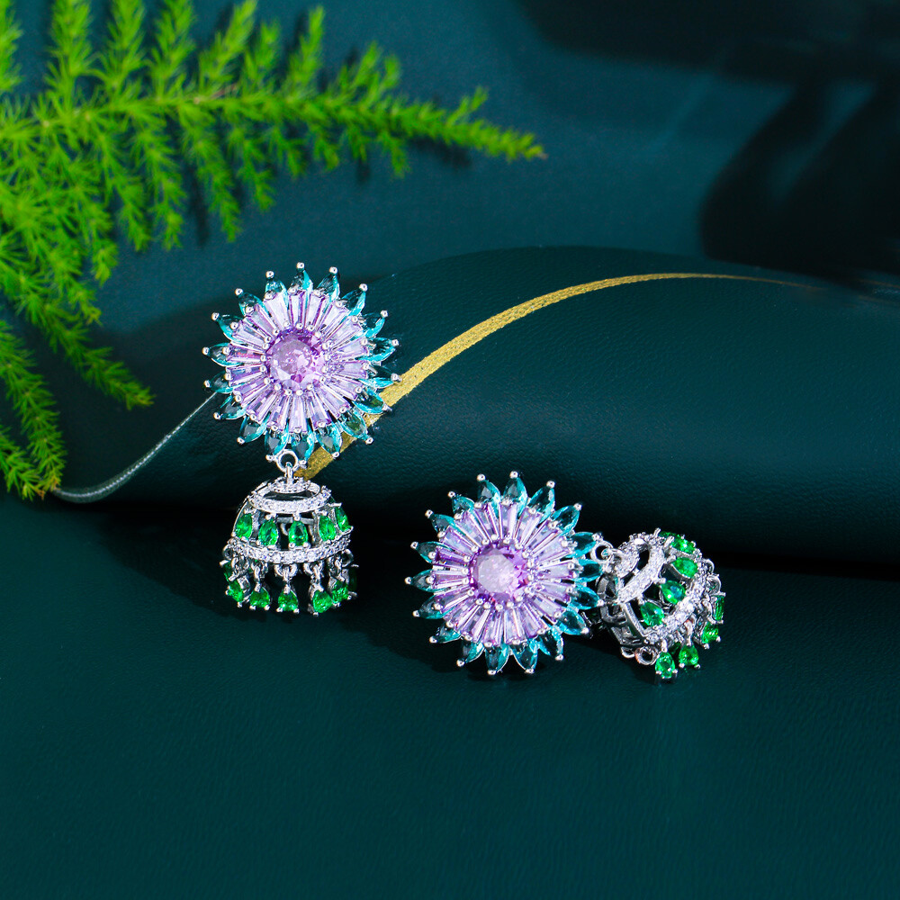 Silver Plated Green Purple Flower Tassel Dangle Earrings Women Zirconia Jewelry