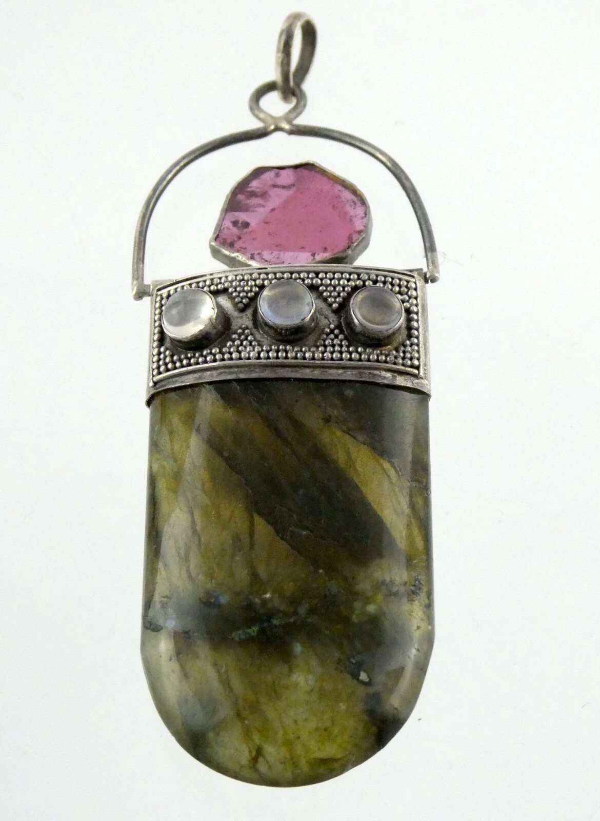 Sterling Silver Pink Tourmaline Slice Labradorite Moonstone Pendant 925 24.2g