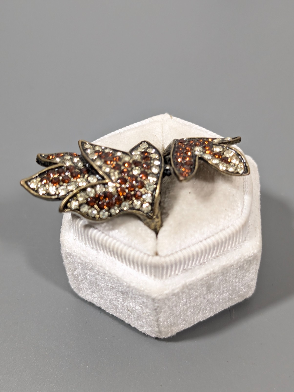Full Finger Leaf Ring Bronze Tone Rhinestones Brown Clear Crystal Statement Sz 7