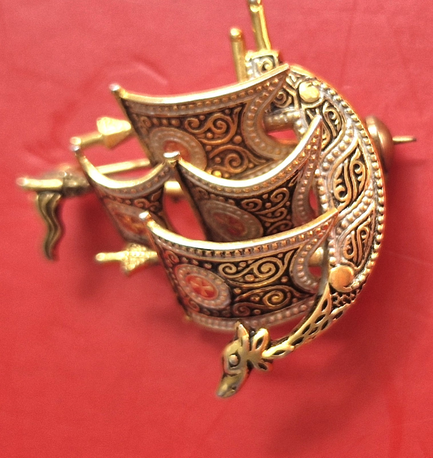 Vintage Signed Damascene Galleon Ship Brooch | Made in Spain Excellent Condition