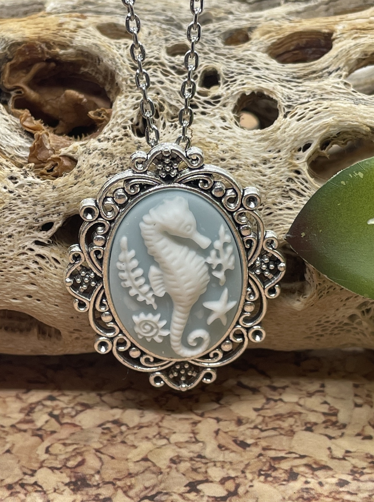 Nautical Beach wedding seahorse blue horse sea CAMEO NECKLACE BIRTHDAY GIFT
