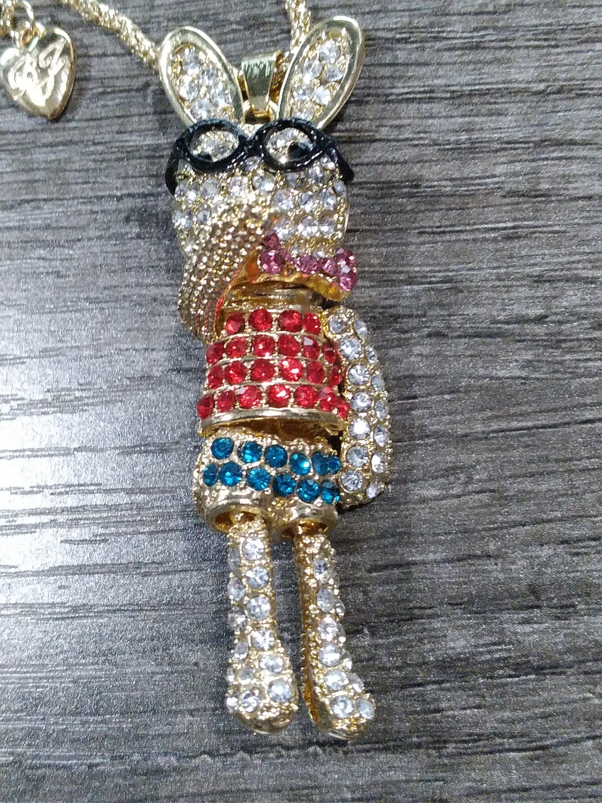 Eclectic Whimsical RED & BLUE BUNNY RABBIT GLASSES Rhinestone Pendant Necklace