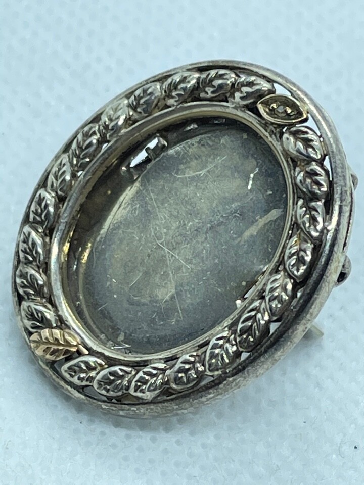 925 STERLING SILVER & 1OK GOLD DIAMOND EISEL BACK PICTURE FRAME BROOCH/PENDANT