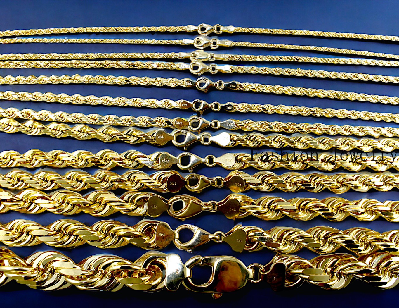 14K Yellow Gold Rope Chain Necklace Diamond Cut Real Gold 1mm-10mm 16″-30″