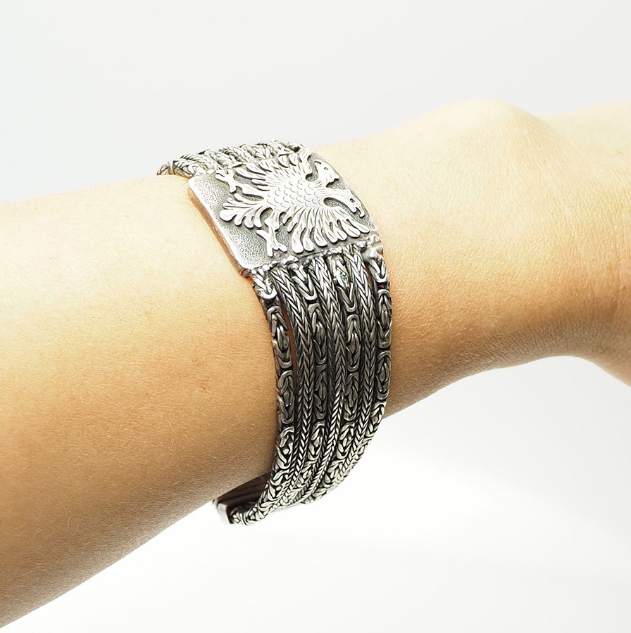 Vintage heavy handmade sterling silver Albania double headed Eagle men bracelet