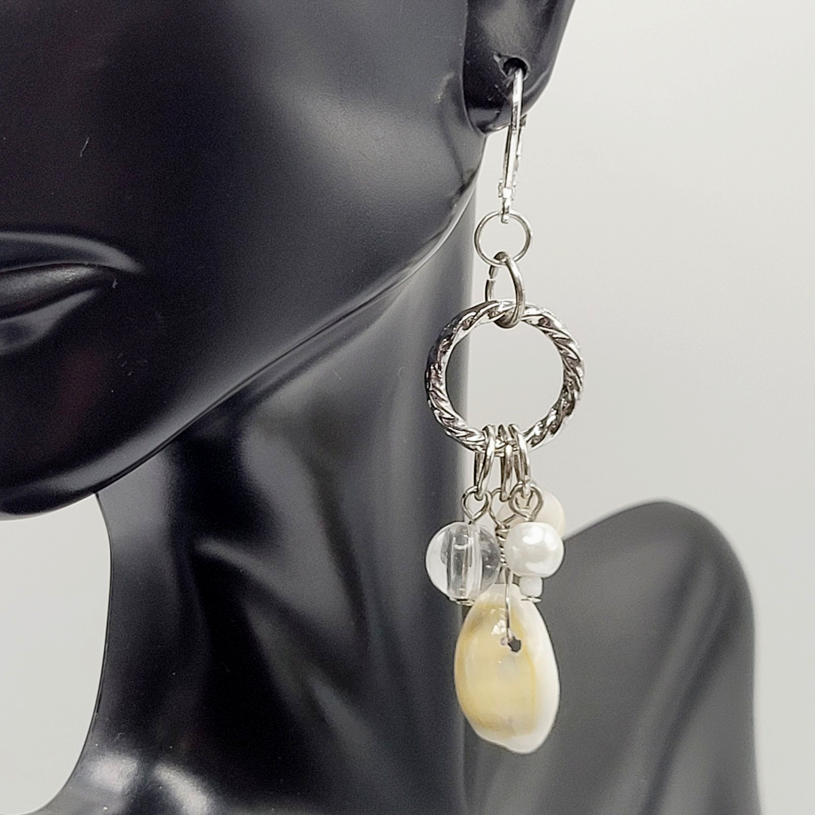 Handcrafted Boho Cowrie Shell Dangle Earrings Silver Tone Cluster Beaded Coastal