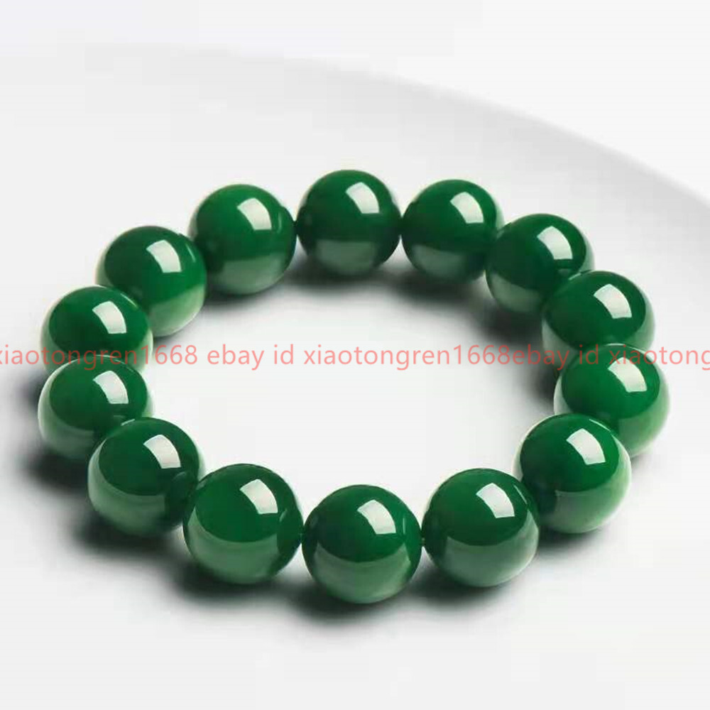 Huge Natural 14mm Green Jade Gemstone Round Beads Stretch Bracelet 7.5-9in
