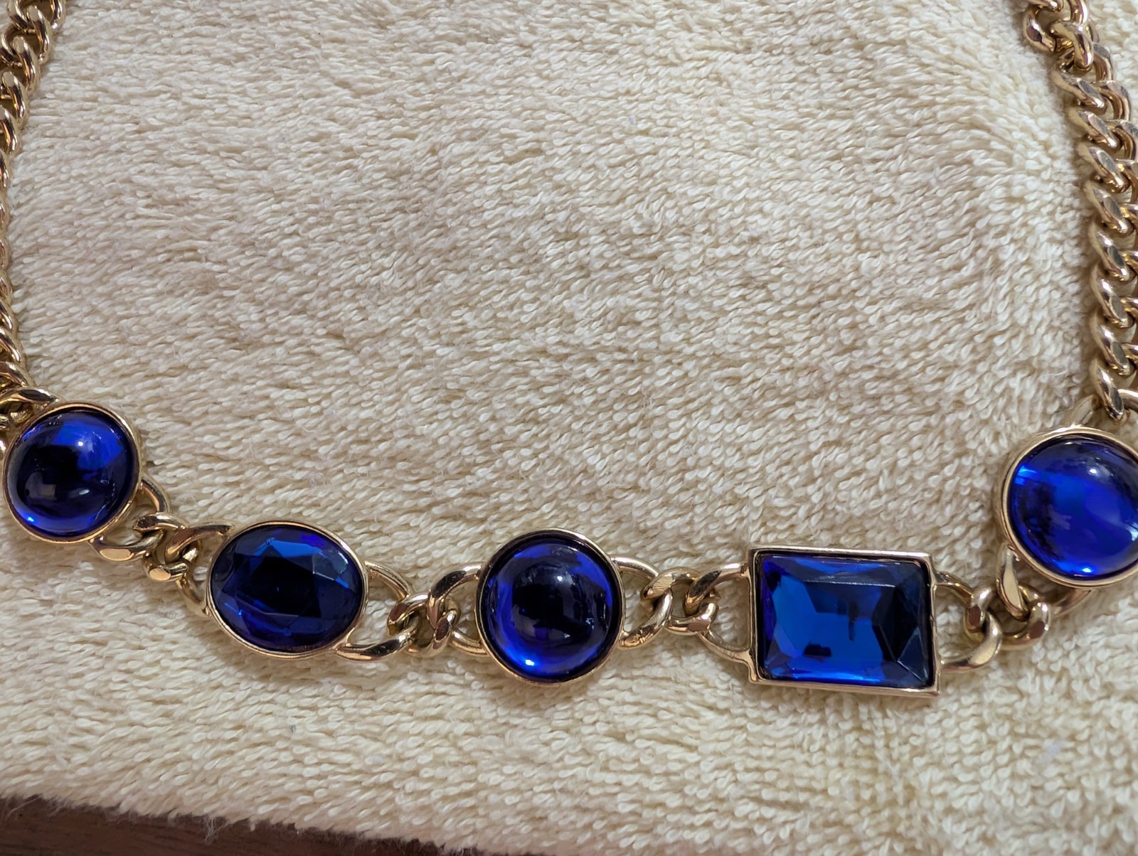 Avon Gold Tone Curb Link Necklace w/ 6 Blue Crystal Stations, Bezel, Signed