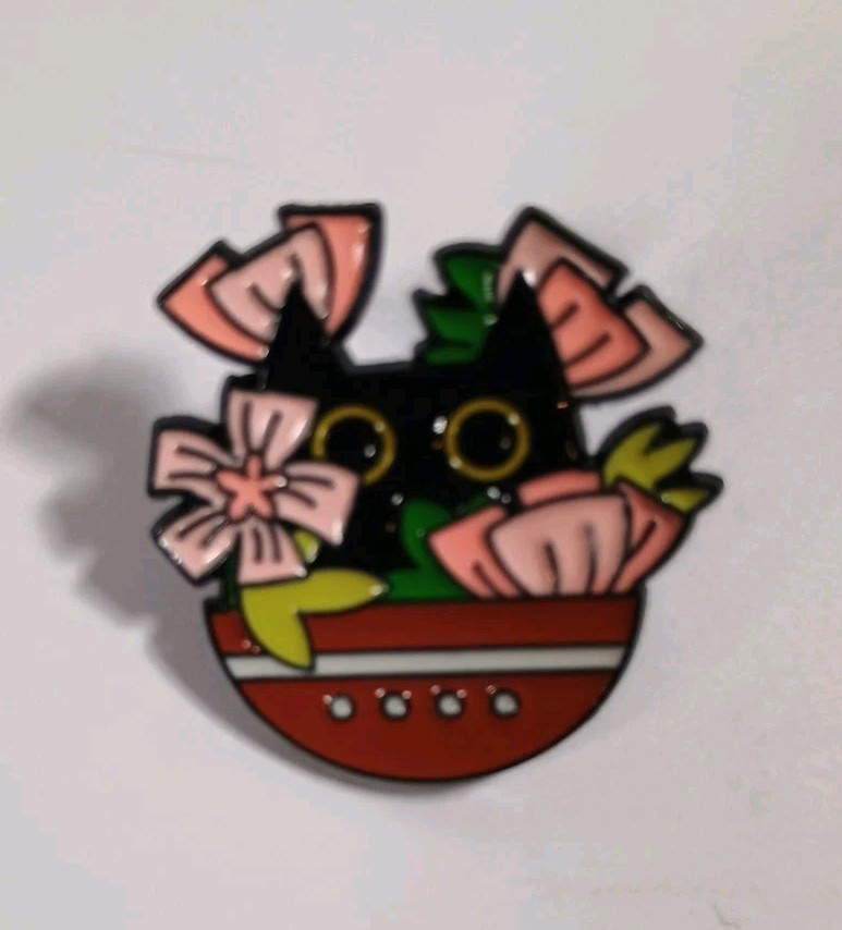 Cat Enamel Pin Black Cat In Planter Pink Flowers Brooch Lapel Cute Kitten