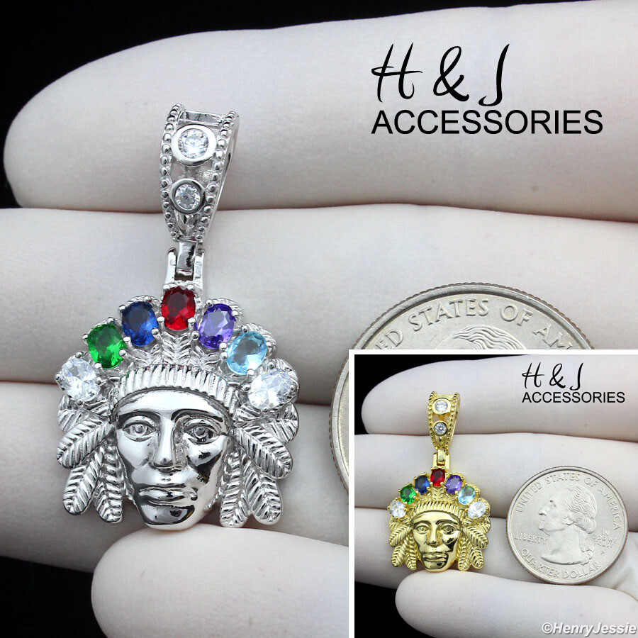 925 STERLING SILVER BLING CZ GOLD PLATED/SILVER AMERICAN INDIAN HEAD PENDANT*435