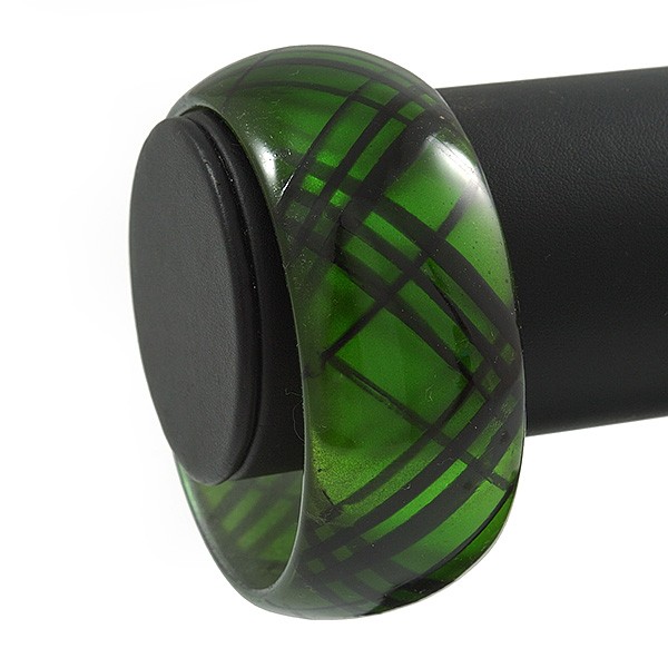 Tartan Pattern Acrylic Bangle Bracelet/ Green/ Black/ Medium -18cm Length