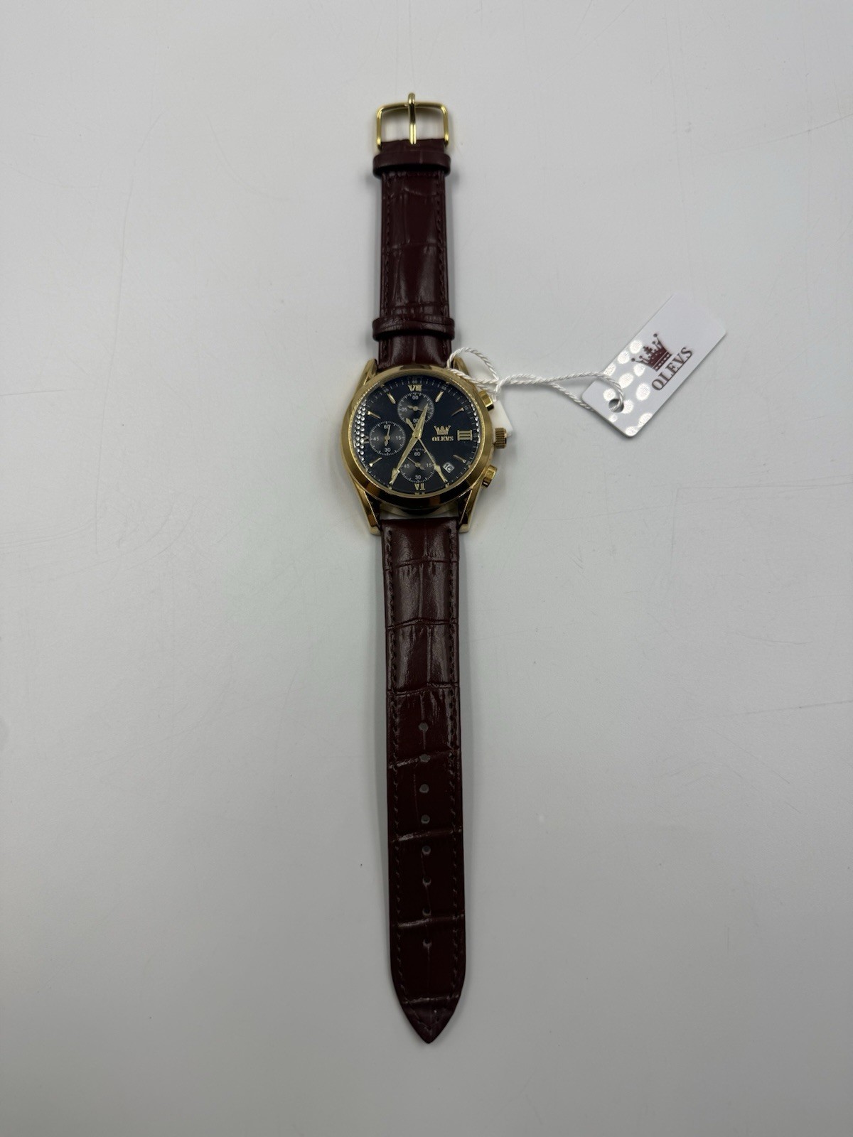 OLEVS 2872G Men’s Chronograph Watch Gold Case Black Dial Brown Leather New Batt