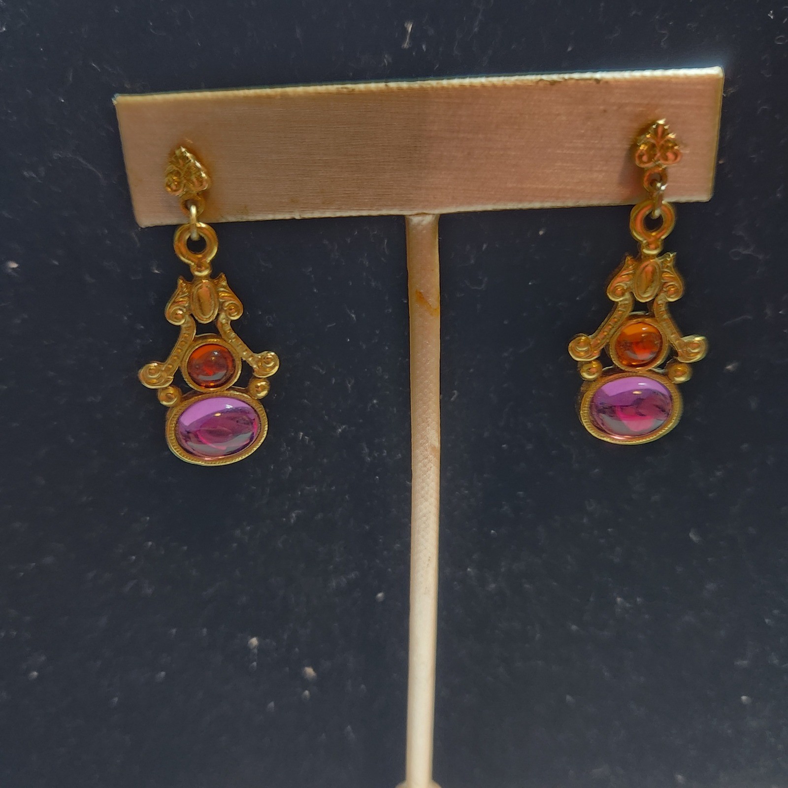 Vintage Victorian Style Gold Tone Purple Amber Cabochon Drop stud Earrings 1928