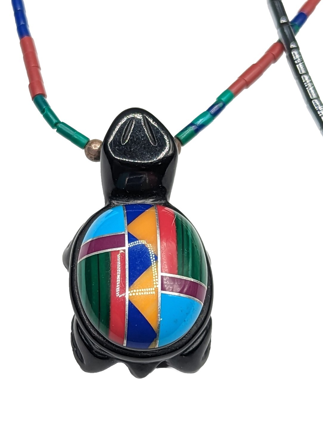 Multi Color Inlay Black Stone Carved Turtle Southwestern Beaded Necklace 25″