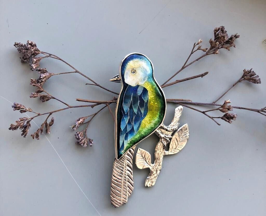Sterling Silver handmade minankari – cloisonne enamel- brooch – bird