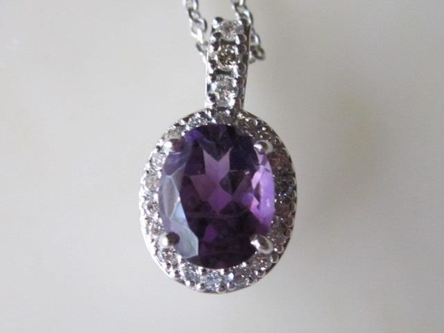 Elegant 14k. White Gold Oval Amethyst & Diamond Halo Pendant, New