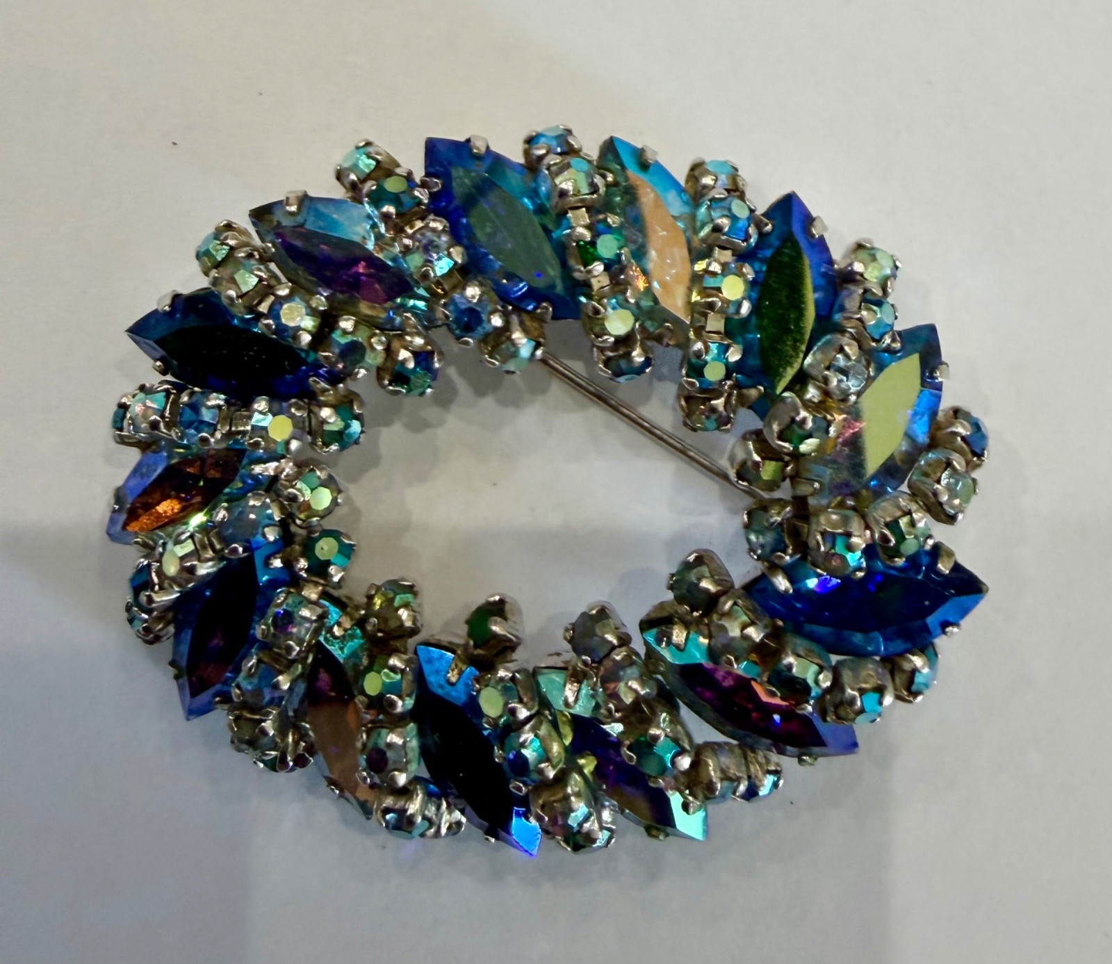 Beautiful Vintage Sherman Signed Large Royal/Montana/AB Blue Wreath Broach Mint!