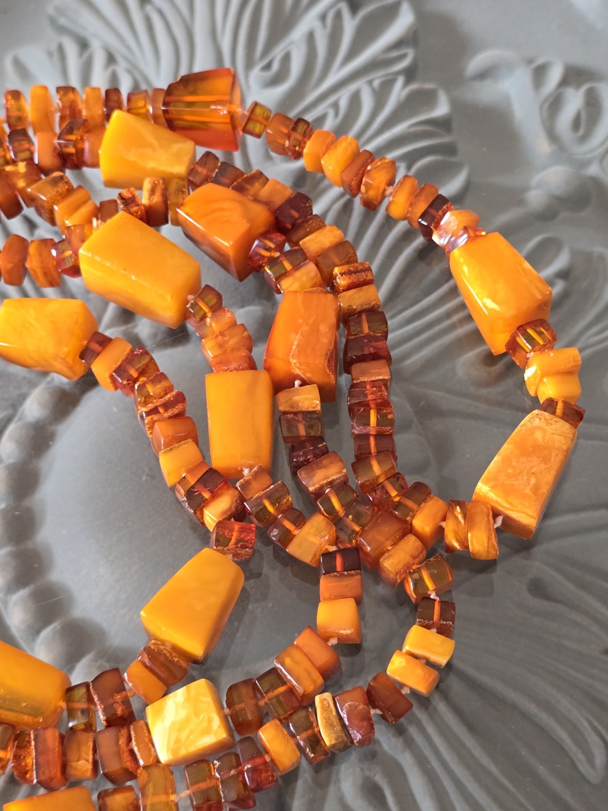 VTG GENUINE BALTIC EGG YOLK & HONEY AMBER BEADED NECKLACE 152 Grams☆ART DECO☆70″
