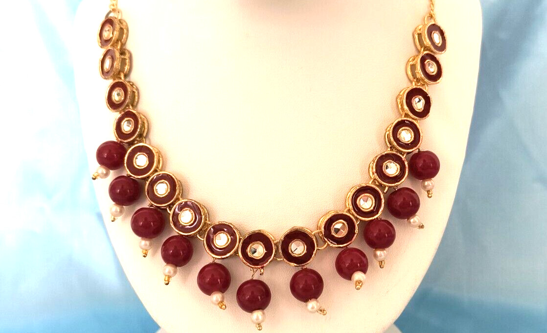 Women’s Statement Necklace Red Gold White Clear Colors with Gold Tone Chain