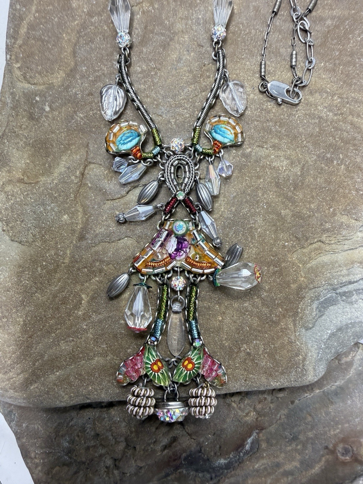 Gorgeous VTG Israeli Ayala Bar Artisan Boho Ornate Glass Beaded Dangly Necklace