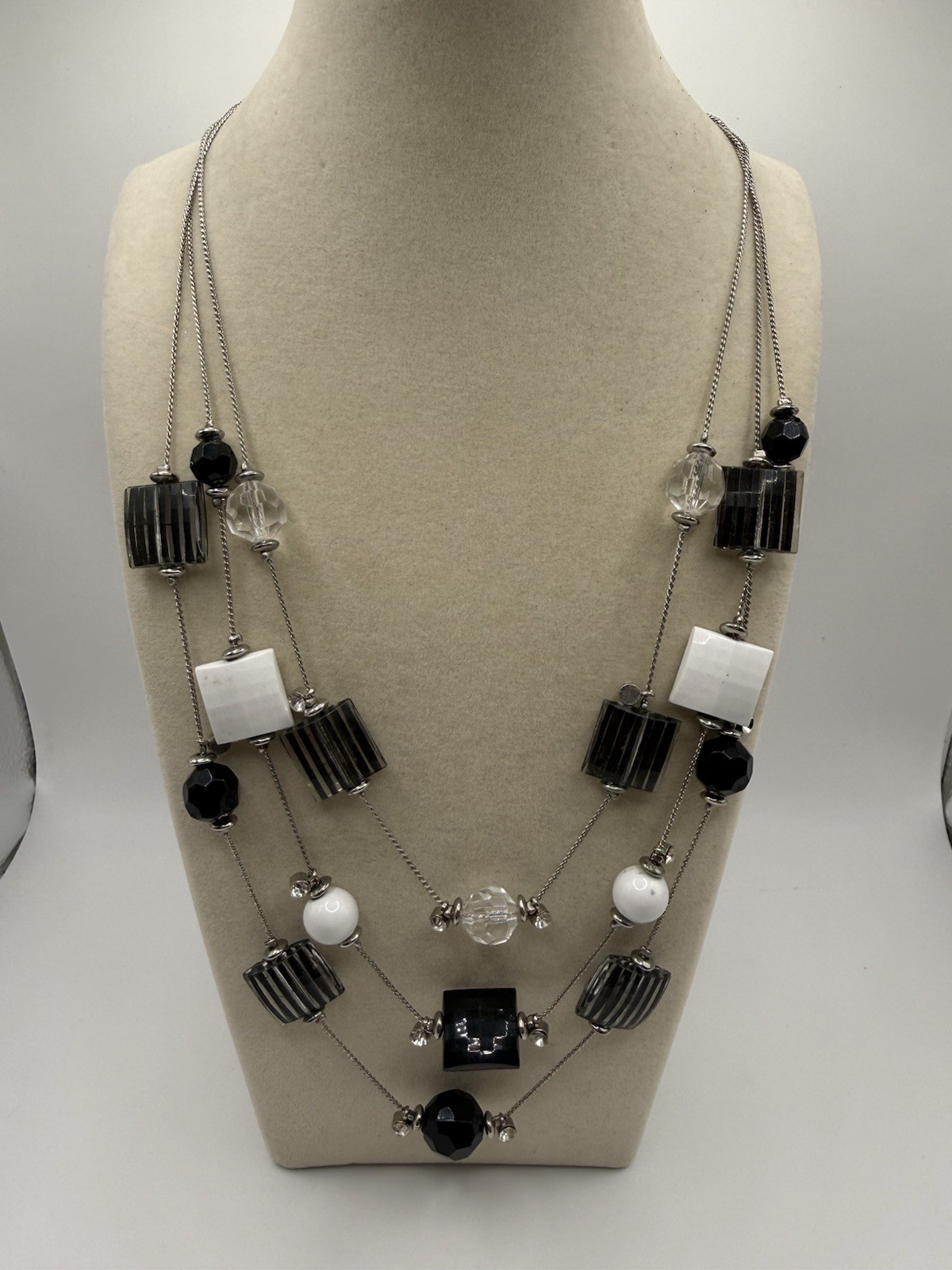 Whimsigoth Layered Bead Necklace Silver Tone Black White Striped Goth Y2K⁠