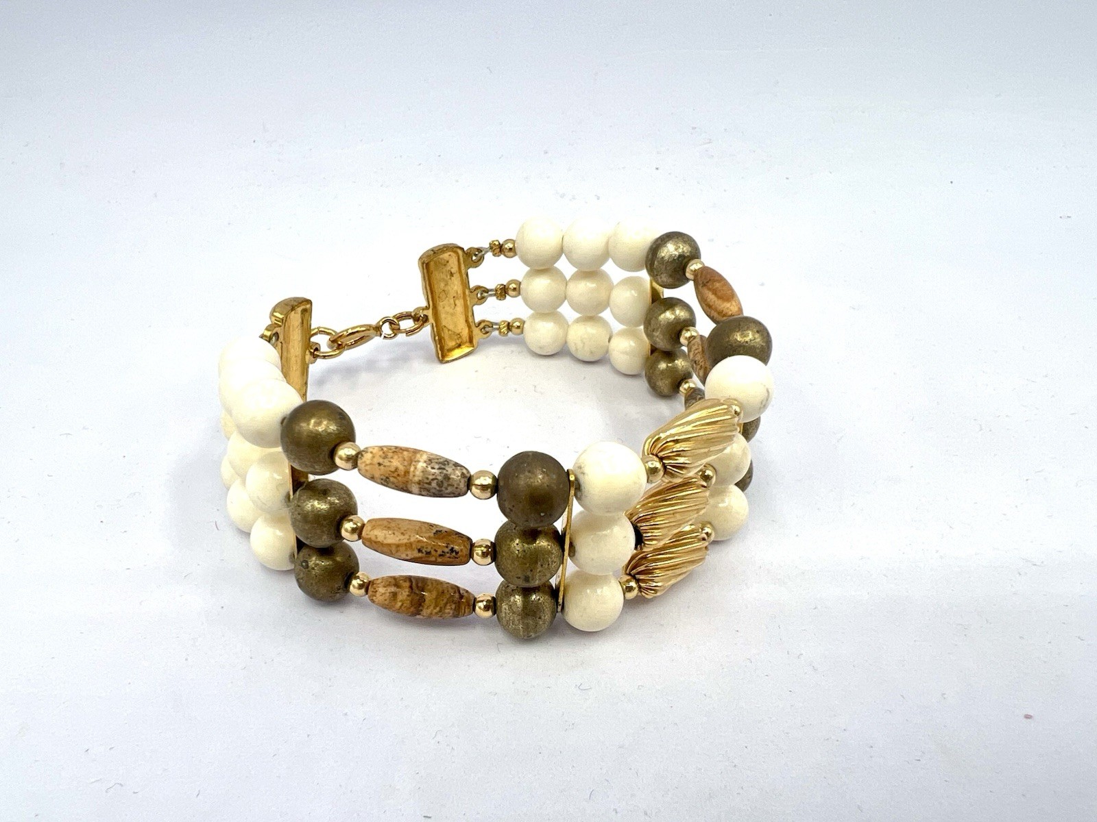 Vintage Silver Gold Ivory Brown Tan Gemstone Bead Wide Bracelet RO-DO NOS JD