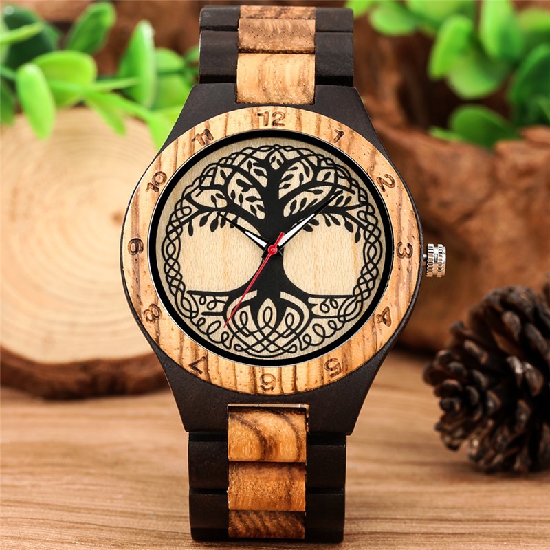 Two-Tone Brown Wooden Watch Men Women Full Wood Tree of Life Arabic Numeral Case