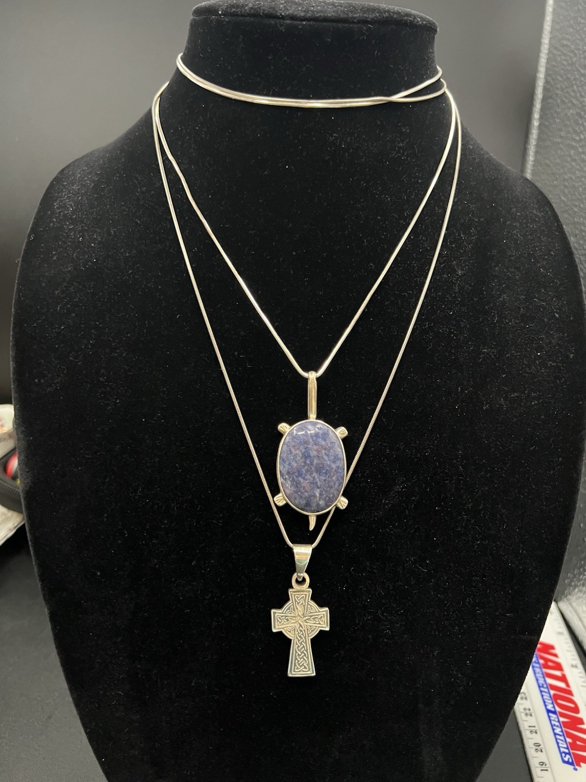 Lot 2 Sterling Silver 925 Necklace Celtic Cross Charoite Turtle Chain 29.85g SW