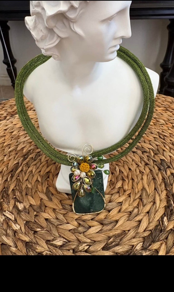 Green Beaded Statement Necklace w/ Rectangle Green Stone Charm, Floral