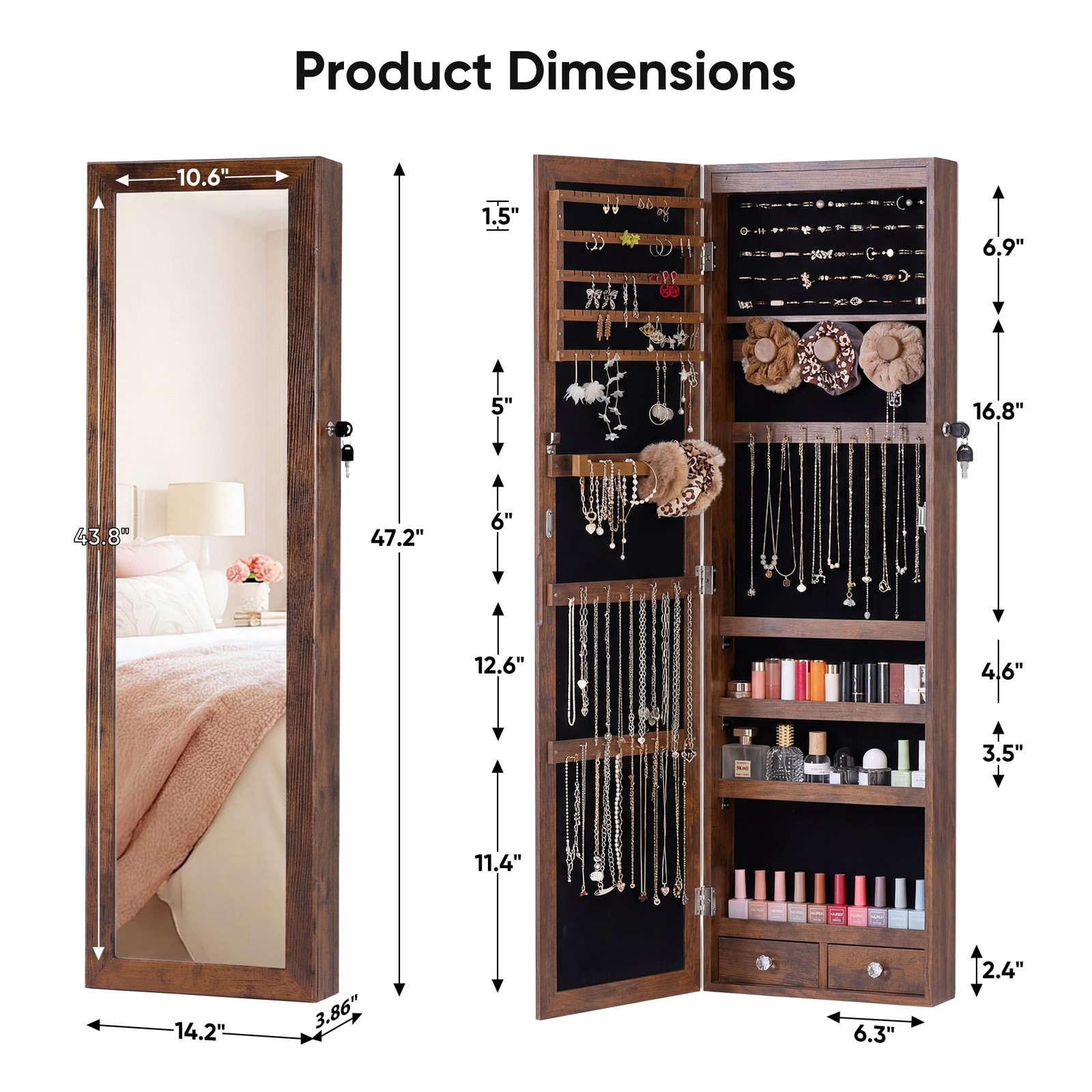 JHK Full Length Mirror Jewelry Cabinet w/ 6 LED Lights,Wall Mounted/Door Hanging
